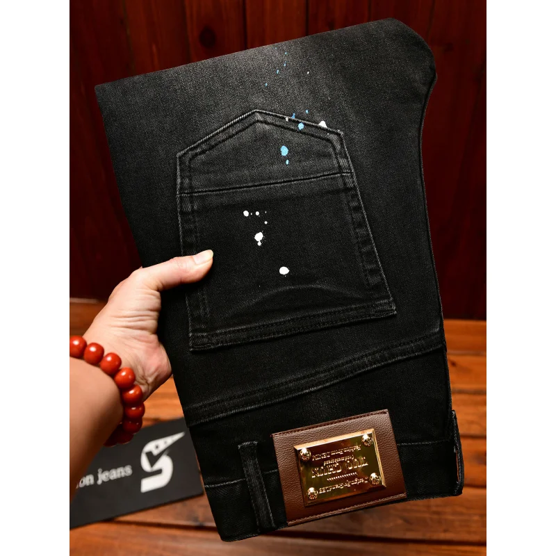 Autumn retro nostalgic jeans men's black distressed patch paint print slim fit small feet trendy street ruff handsome pants
