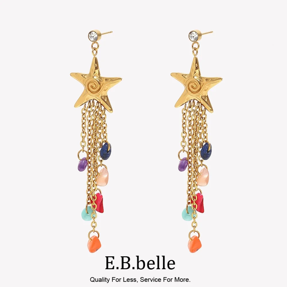 E.B.belle Minimalistische Strukturierte Stern-Ohrringe mit Bunten Quasten Hypoallergene 18K Vergoldete Ohrstecker Sommer-Modeschmuck