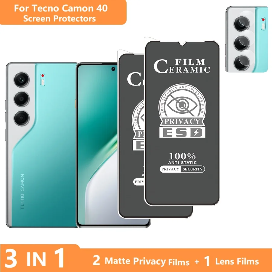 

3-in-1 for Tecno Camon 40 Screen Protector Camon 40 Tempered Glass Matte Privacy Film + Lens Films Soft Ceramic Film