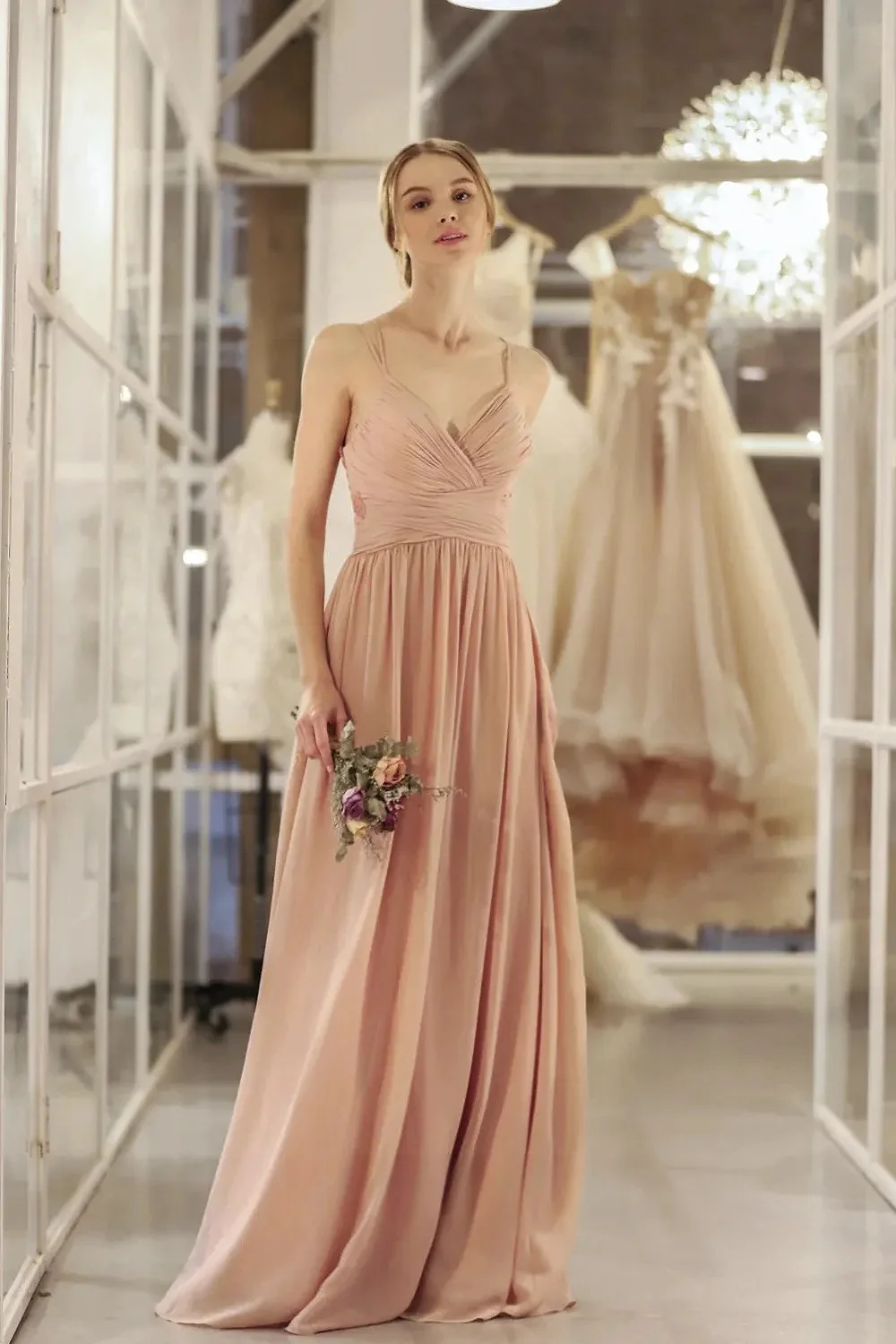 

Nude Pink Evening Dresses Spaghetti Strap A-line V-neck Crisscross Bandage Empire Waistline Pleated Chiffon Bridesmaid Gowns