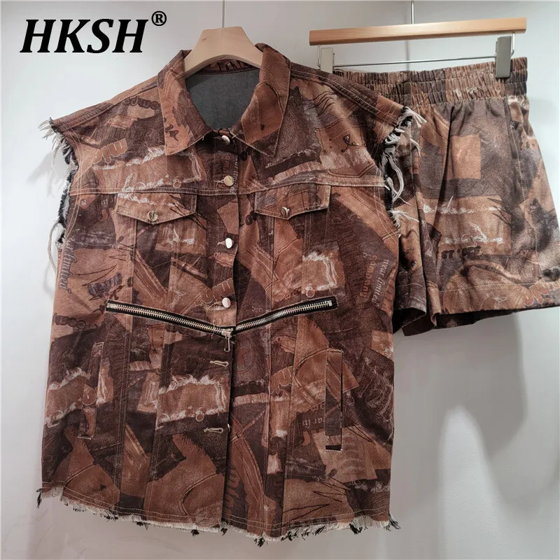 

HKSH Summer New Women Stylish Trendy Vintage Streetwear Denim Multi-pocket Vest Elastic Waist Shorts Casual Two-piece Set HK6254