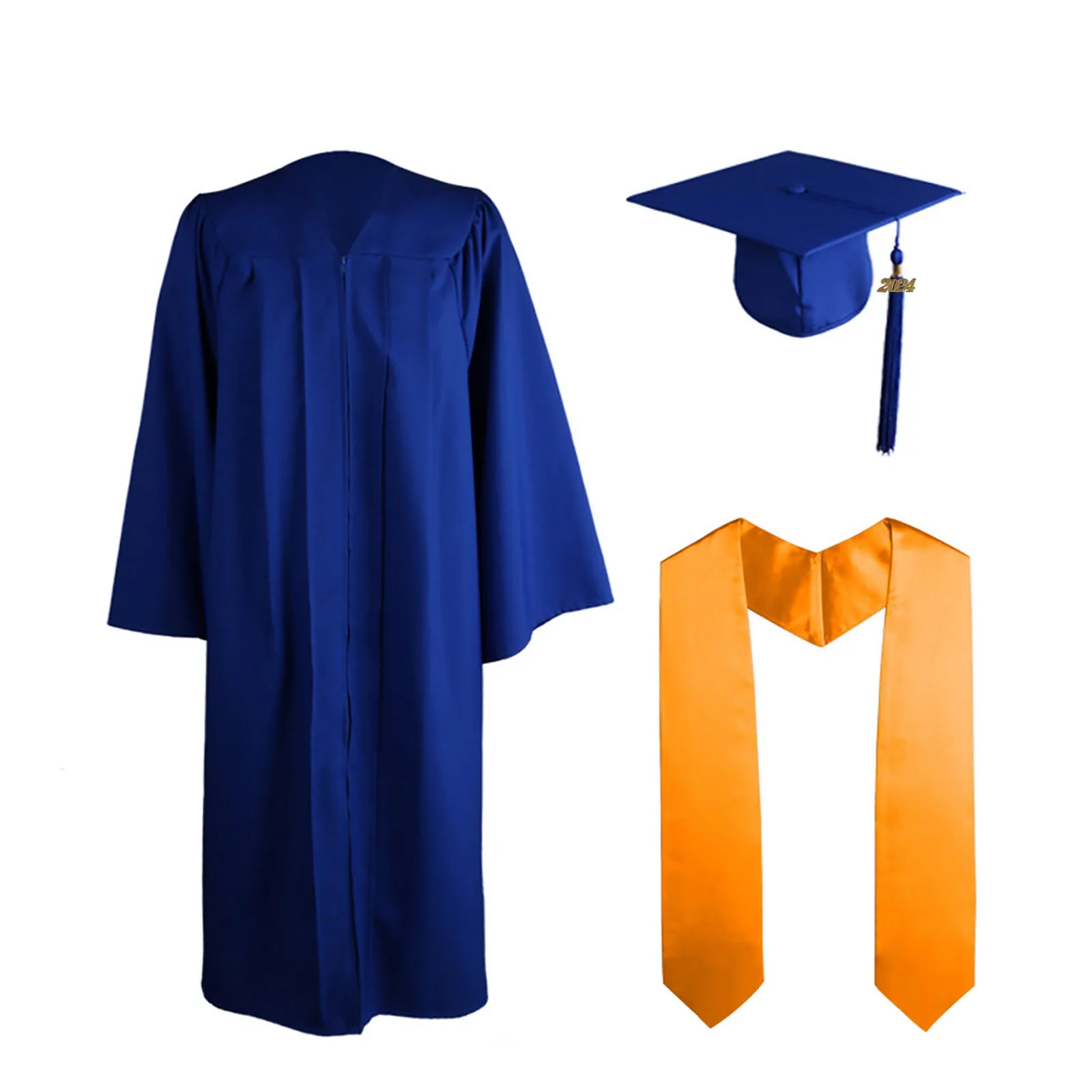 2024 Adult Zip University Academic Dress Graduation Gown Robe Mortarboard Cap Primary Middle High School Graduation Uniform