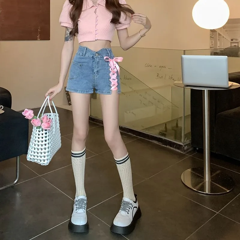 Pink Cross Denim Shorts  Tie Decorative Hot Trousers Shorts Female Summer New High Waist Thin A-line Shorts Womens Clothing