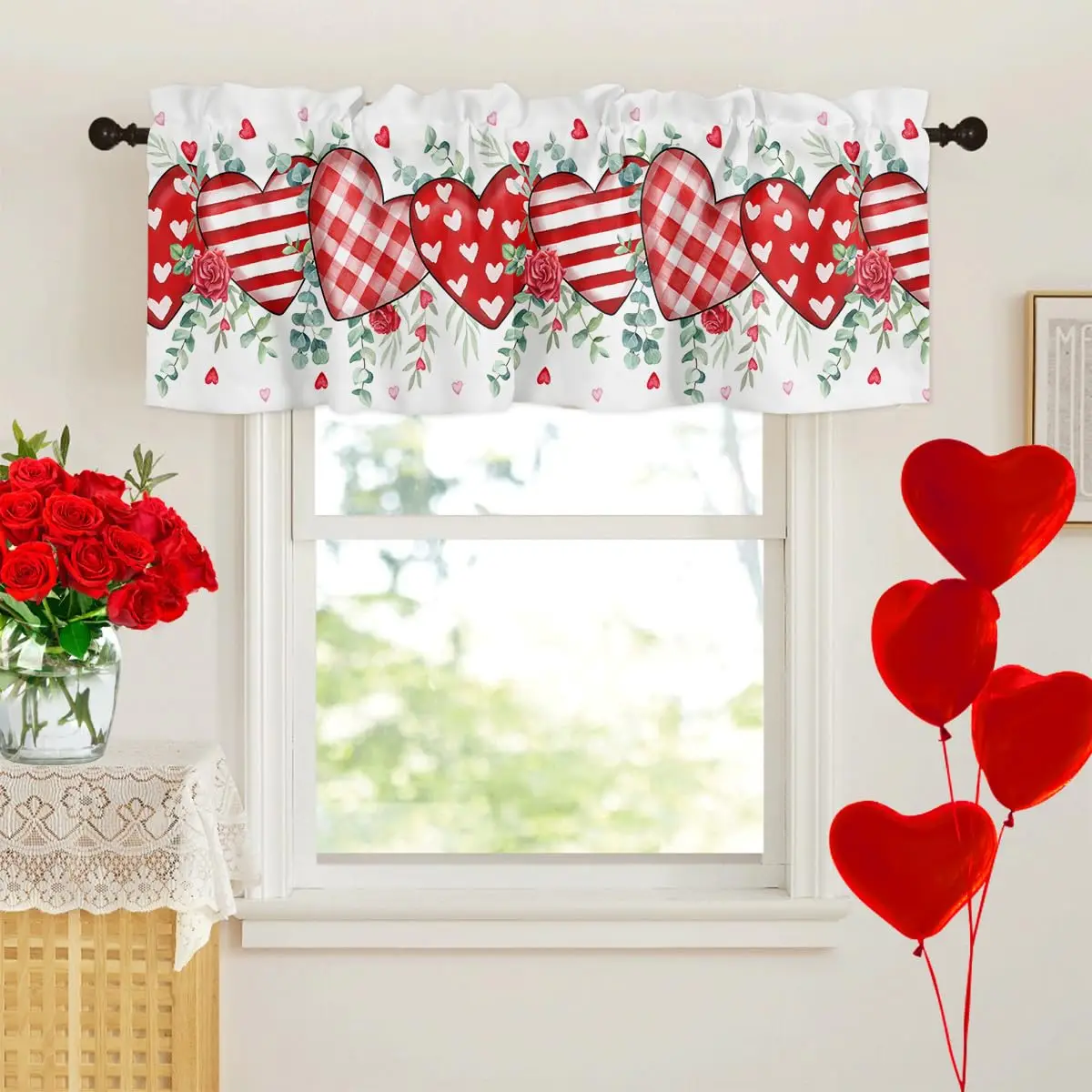 

Eucalyptus Leaves Kitchen Curtain Valances Love Heart Window Curtain Topper Curtains for Valentines Day Decor Wedding Party