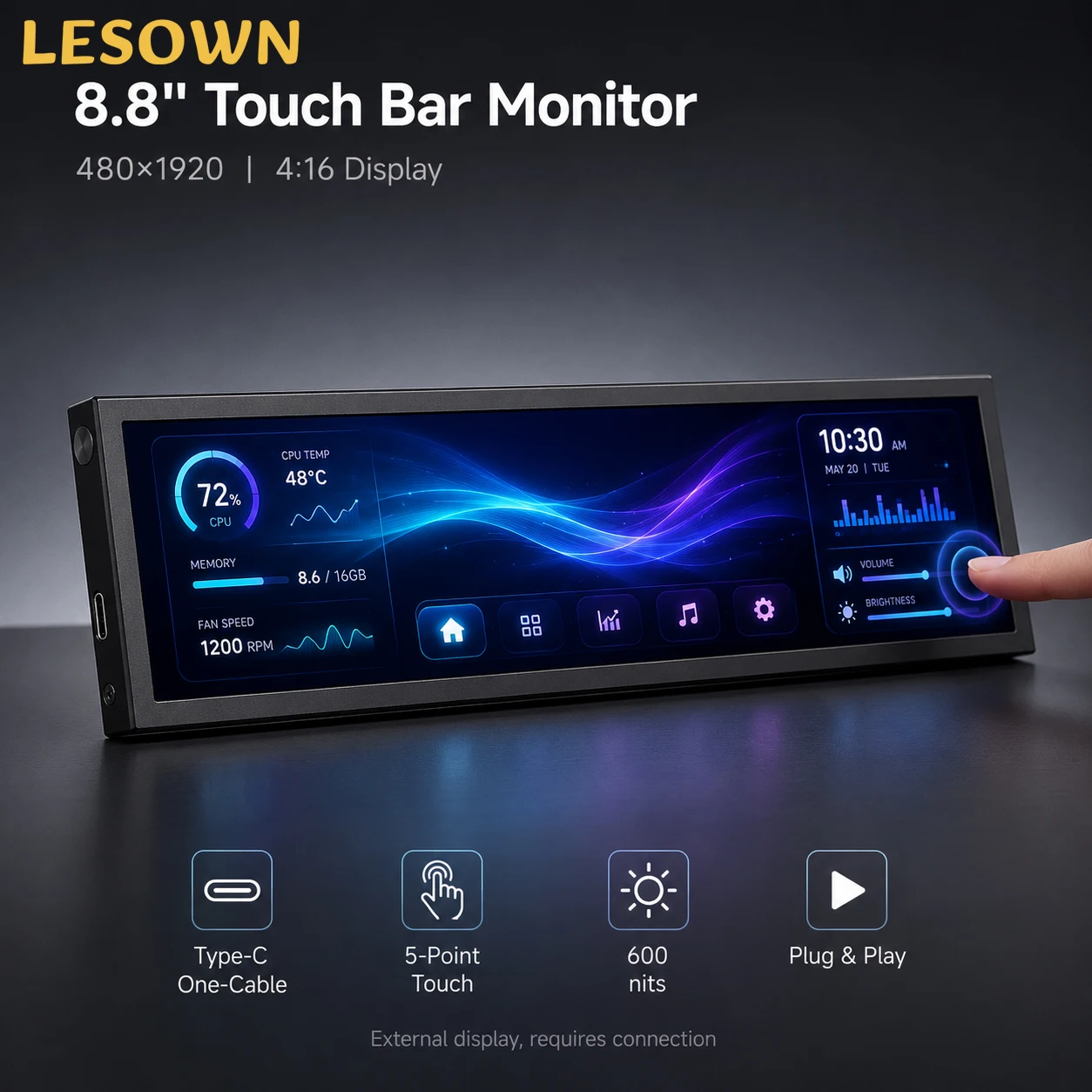LESOWN Type-C HDTV Touch Sub-screen  8.8" Easy Setup Black Aluminum Computer Host CPU GPU RAM Monitor Panel