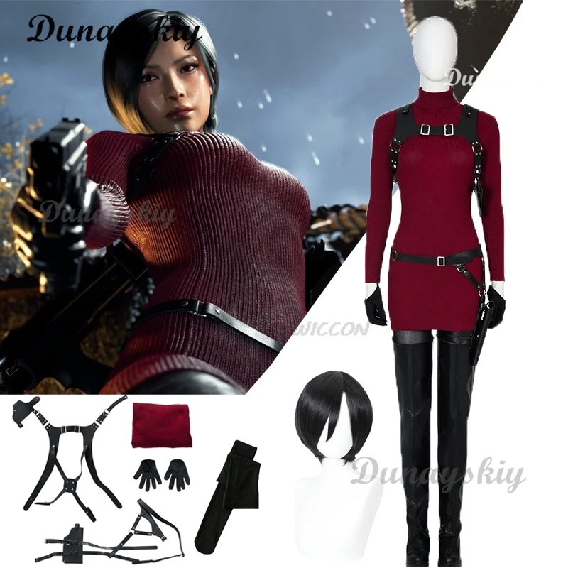 Spiel böse 4 Remake Cosplay Kostüm böse 4 Remak ada Wong Cosplay Kostüm Spiel sexy rote Wolle Kleid Pullover Halloween Perücke Schuhe