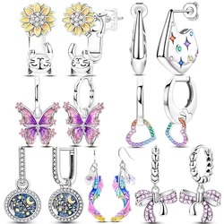 New Hoop 925 Silver Zircon Bow Heart Shape Star Moon Butterfly Earrings Jewelry Gift For Women Girl Party Engagement