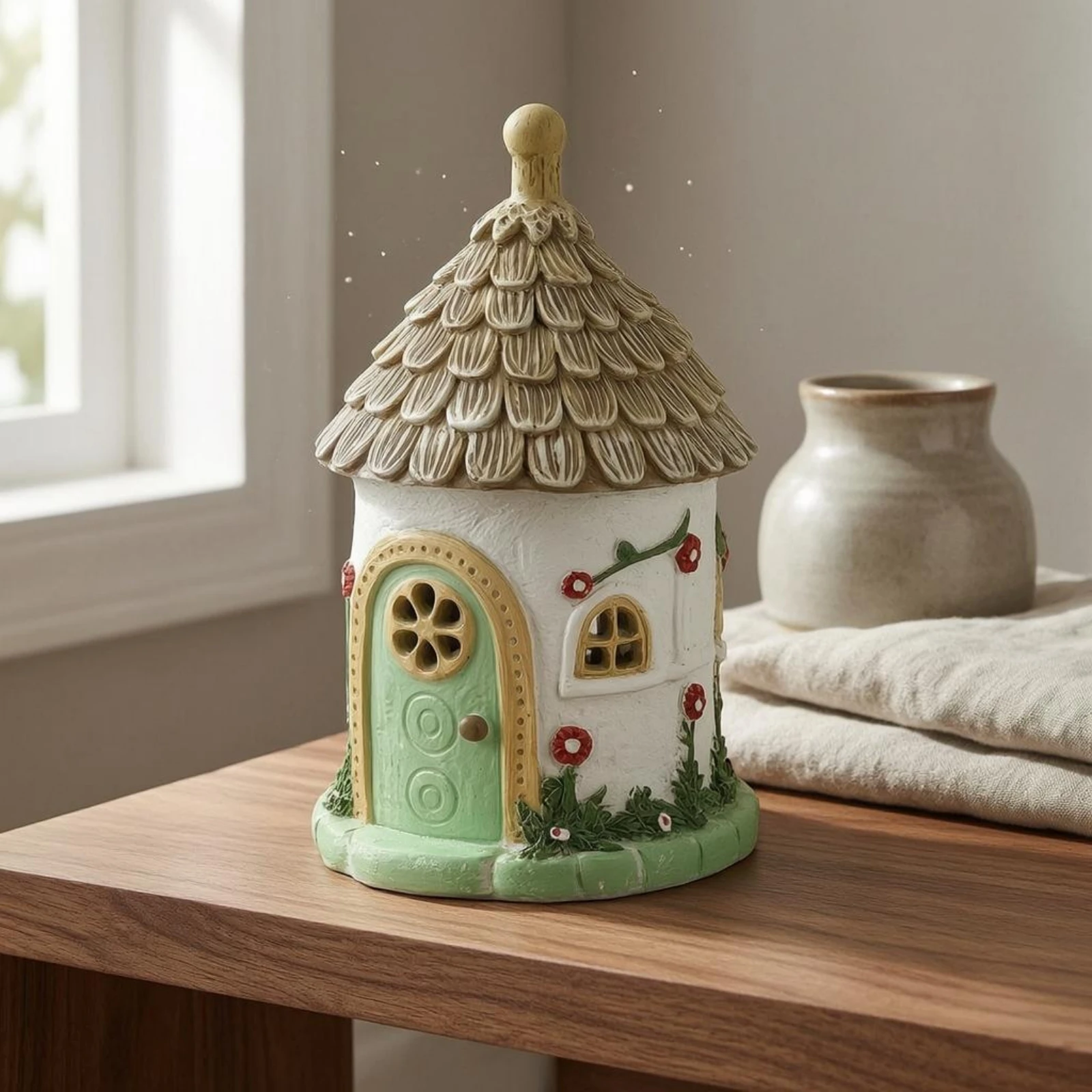 Thatched Roof Cottage Resin Solar House Light Micro Landscape House Mini Village Hut Figurine Long-Lasting