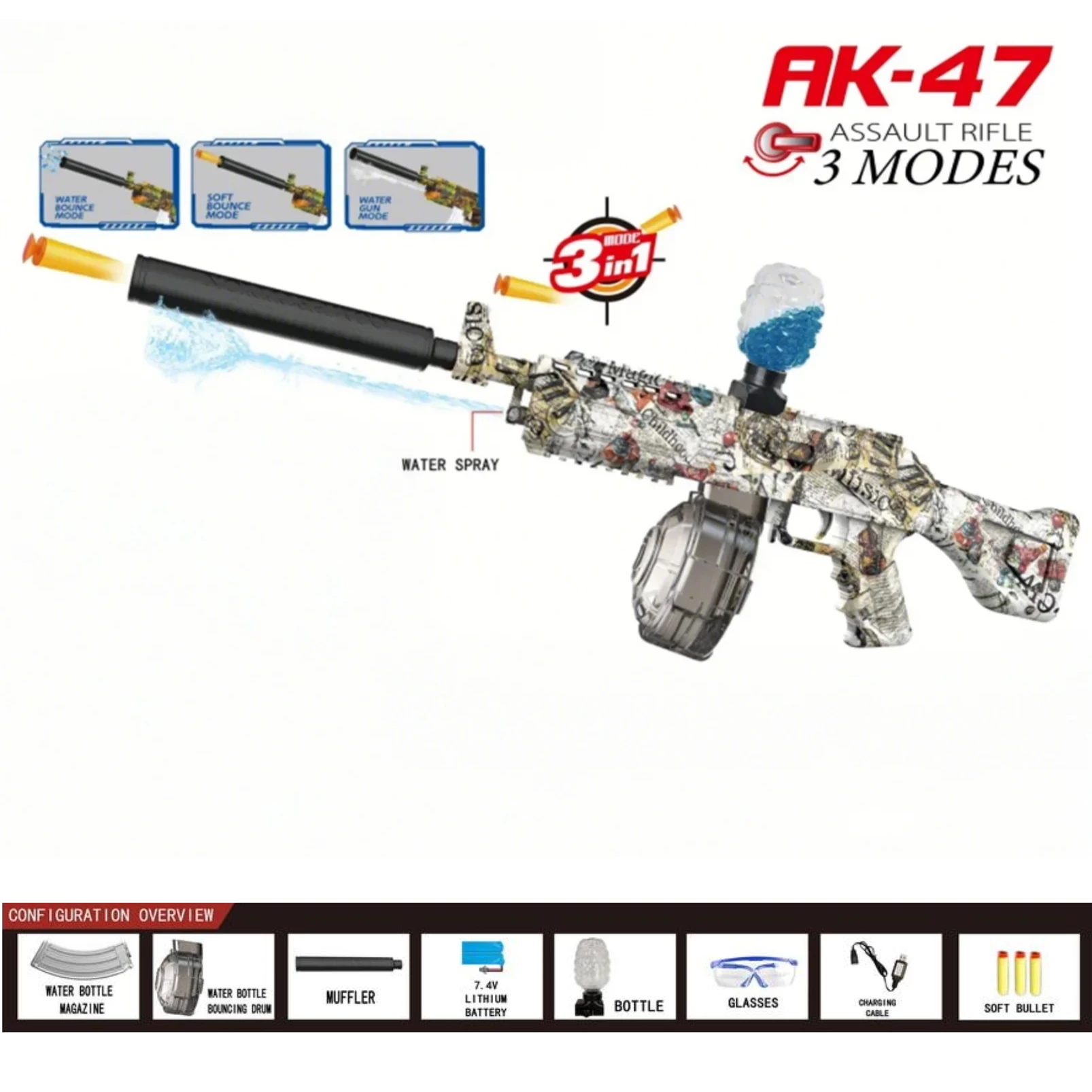 Blaster multifunzione ricaricabile: modalità dardo in schiuma, gel e acqua - Pistola giocattolo da battaglia per squadra all'aperto/famiglia Megalodon |   Regali fantastici