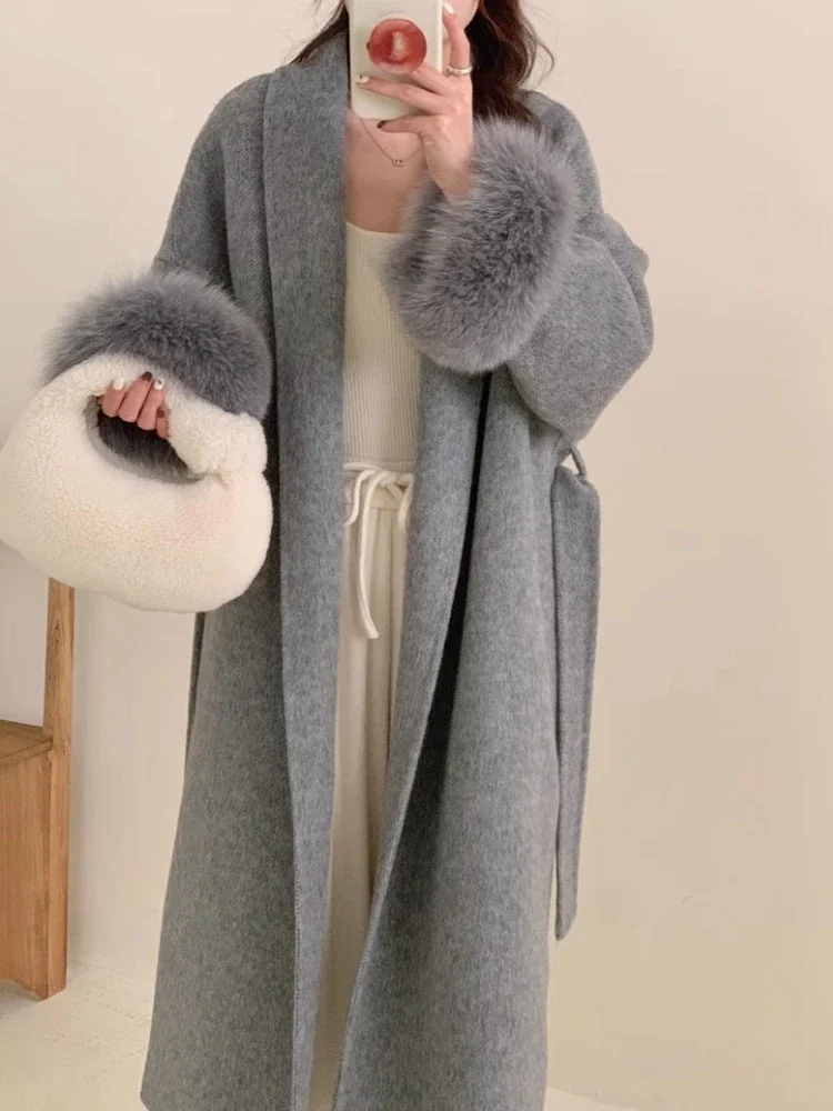 2025 neue Herbst Winter Kleidung Frauen Lange Gürtel Revers Echt Fox Pelz Wolle Jacke Weibliche Mode Warme Pelz Manschette Kaschmir Wolle mantel