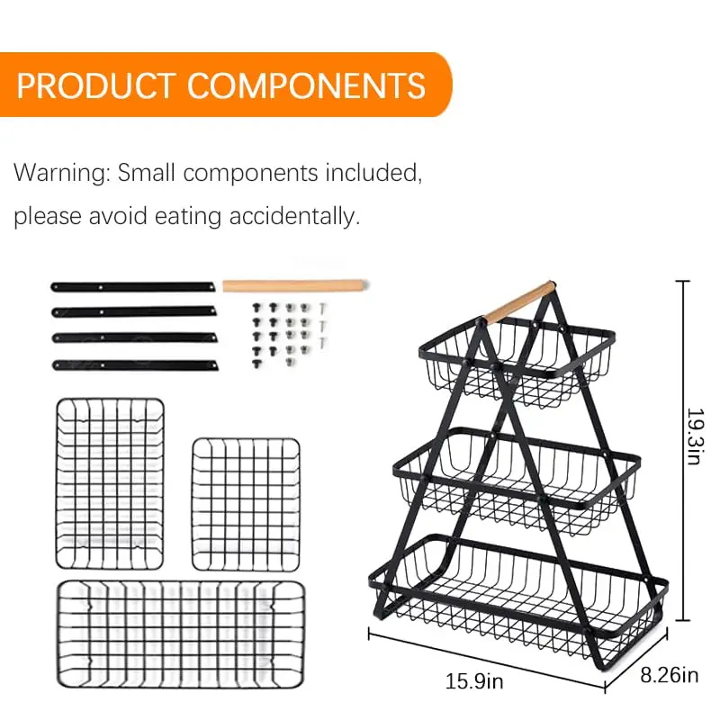 3 Tier Countertop Fruit Basket Portable Vegetables Fruit Storage Kitchen Bread Snack Organizer Shelf Detachable Rectangle Basket