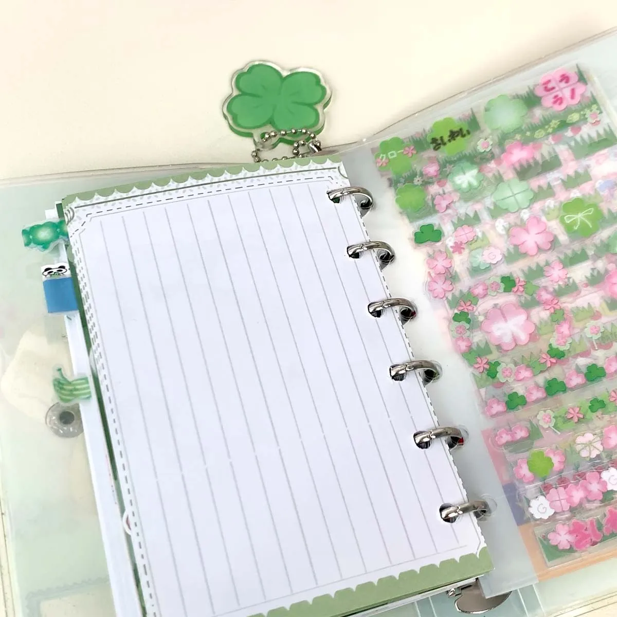 WAKAWAKA A7 Binder Four-Leaf Clover&Girl Glitter pvc Removable Loose-Leaf Notebook Sticker Storage Book Pocket Notebook Portable