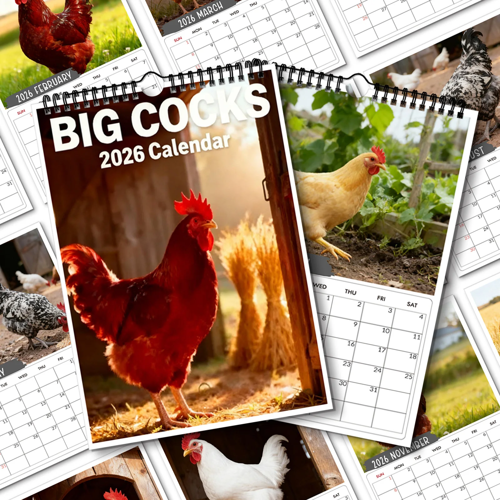 

1 шт. 2026 спиральный календарь, яркая тема петуха и курицы, подходит для домашней кухонной стены, подгодный подарок, идеально подходит для праздничного подарка