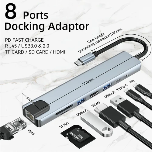 Imagen 2 del producto HUB USB C con 4K HDMI 100W PD Puerto USB C USB 3,0 RJ45 Ethernet Lector de tarjetas SD/TF Estación de acoplamiento Adaptador USB C de 4/5/6/8 puertos
