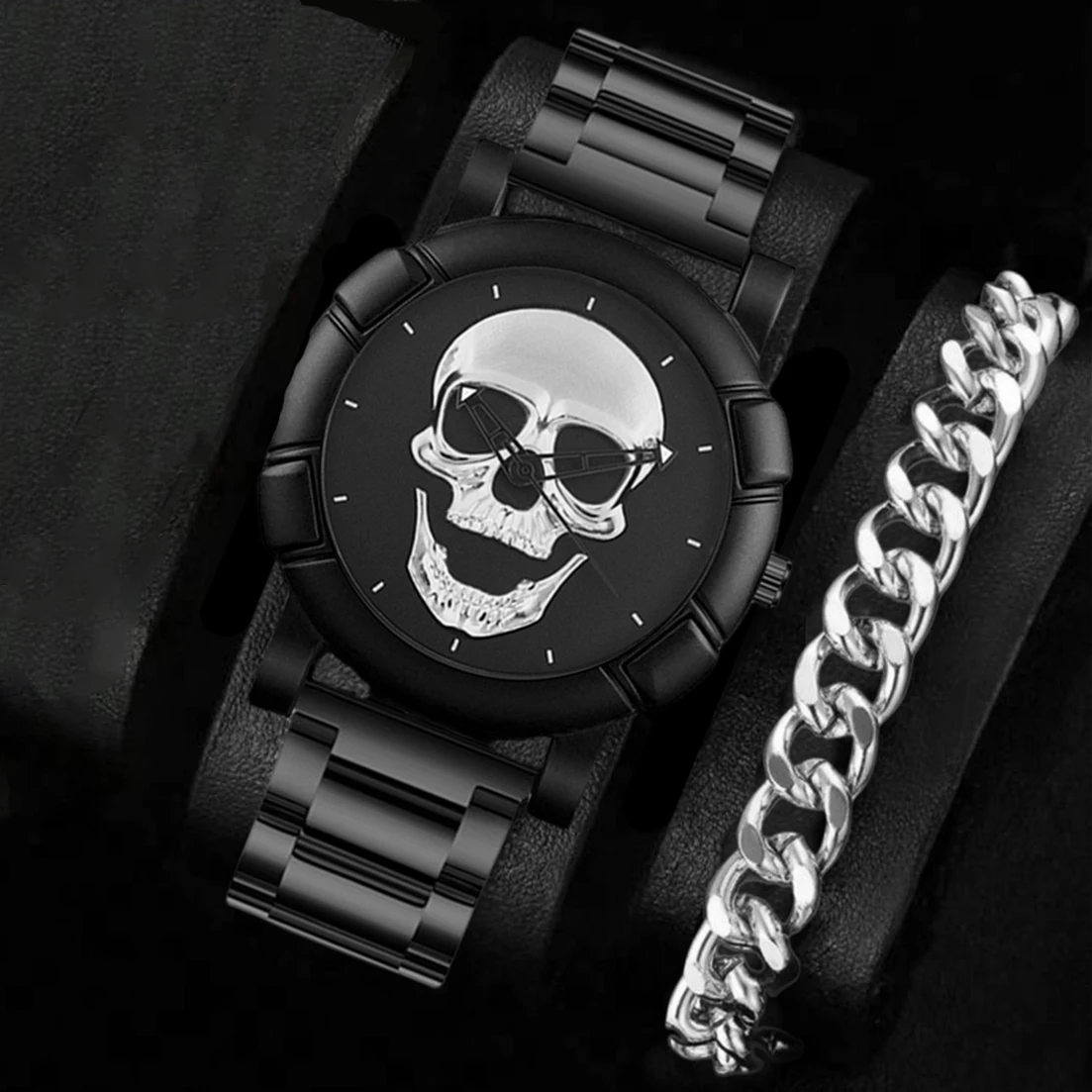 Halloween Skull NK Bracelet Sets Men Watches Luxury Brand Hiphop Stainless Steel Band Quartz Watches For Mans Gifts New Hot Sale