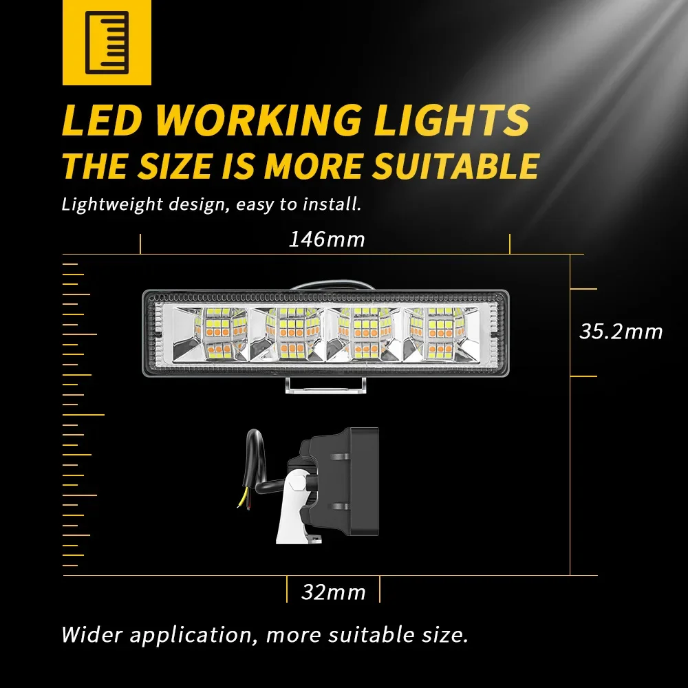 Bande de feux de travail à LED bicolore, 24LED, barre antibrouillard, blanc et jaune, lampe à iode fendue de 6 pouces, éclairage de voiture