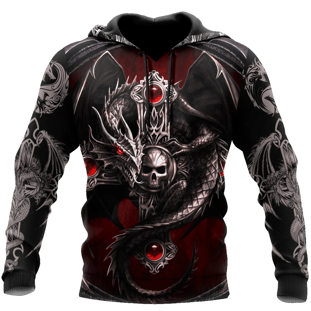 Oversized Tattoo Skeleton Cross Terror Red 3D Printed Men\'s Hoodie Sweatshirt Casual Tracksuits Raven Bad Wolf Animal Clothing