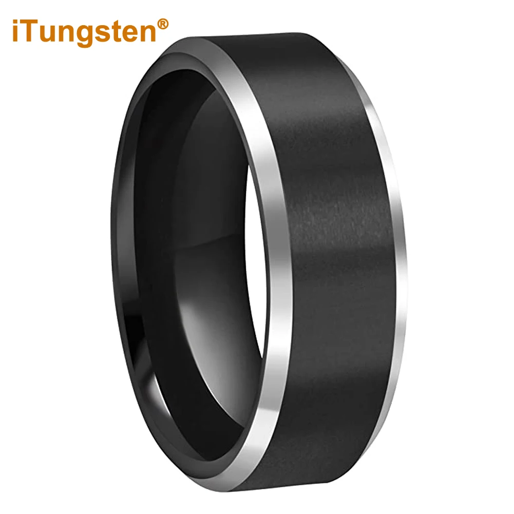 

iTungsten 8mm Men Women Ring Black Tungsten Wedding Band With Beveled Brushed Finish Excellent Quality Comfort Fit