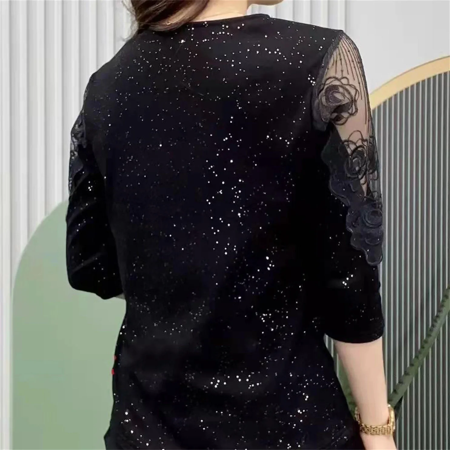 Women Spring Autumn Style Blouses Shirts Lady Casual Long Sleeve V-Neck Lace Patchwork Stretch Blouse Tops