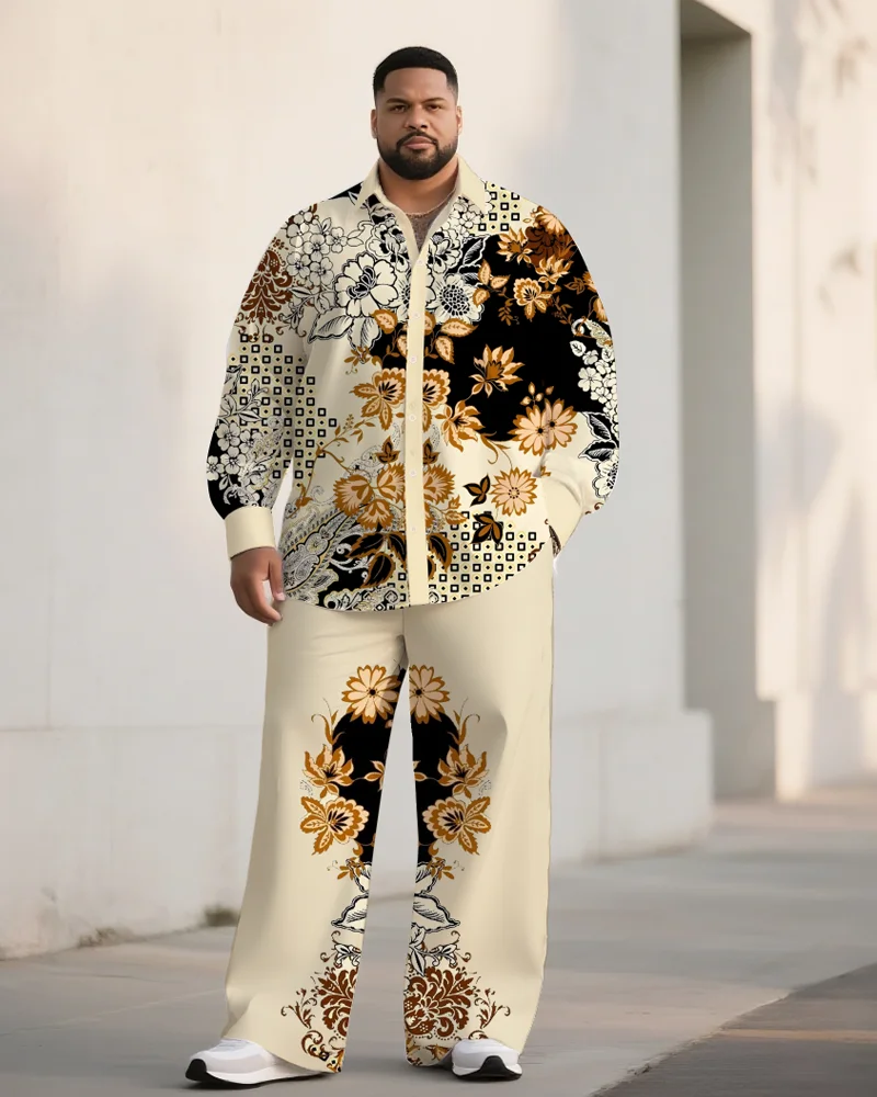 

S-9XL Мужская рубашка больших размеров с винтажным узором и длинными рукавами и брюки, комплект из двух предметов