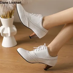 Retro Oxford Pumps Spring and Autumn New Style Fashion Cross Lace up High Heels Single Shoes Round Head Lefu Shoes High Heels si