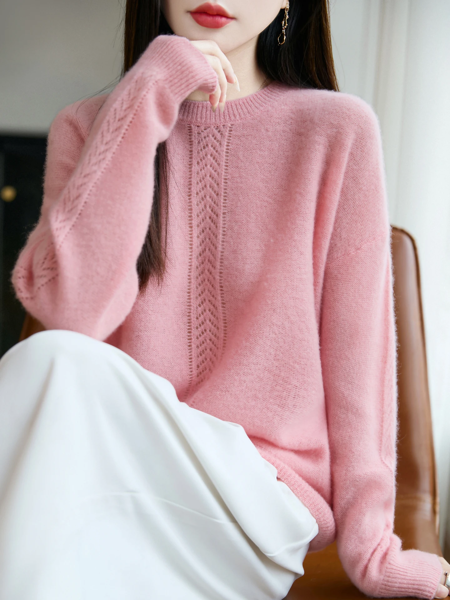 Autunno Inverno Donna Girocollo 100% Lana Merino 7 Aghi Caldo Addensato Singolo Ptrato Verticale Hollow Texture Pullover Maglione