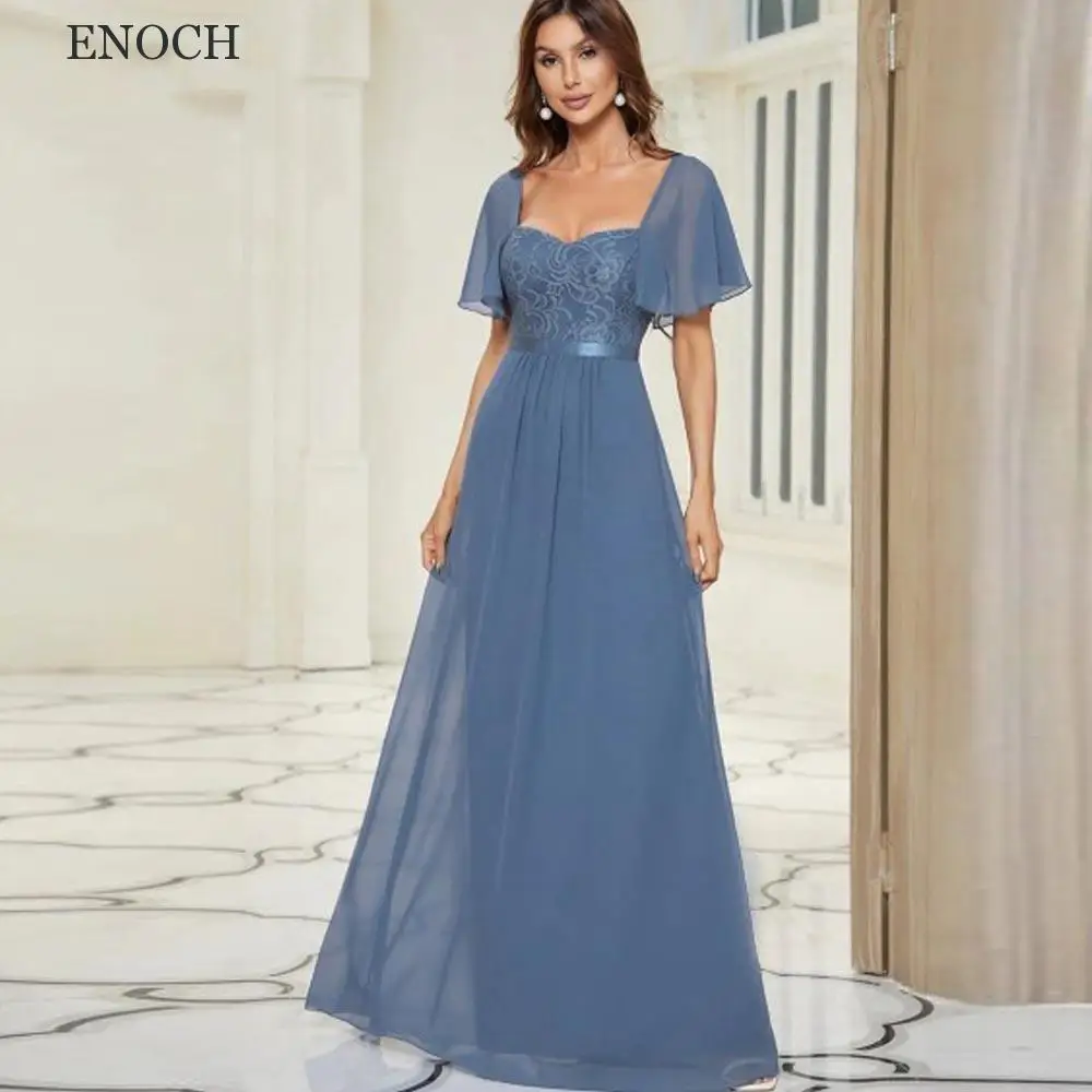 

ENOCH Newest V-Neck Chiffon Bridesmaid Dresses Short Sleeves Lace Appliques Party Dresses Open Back Vestidos De Fiesta Beach