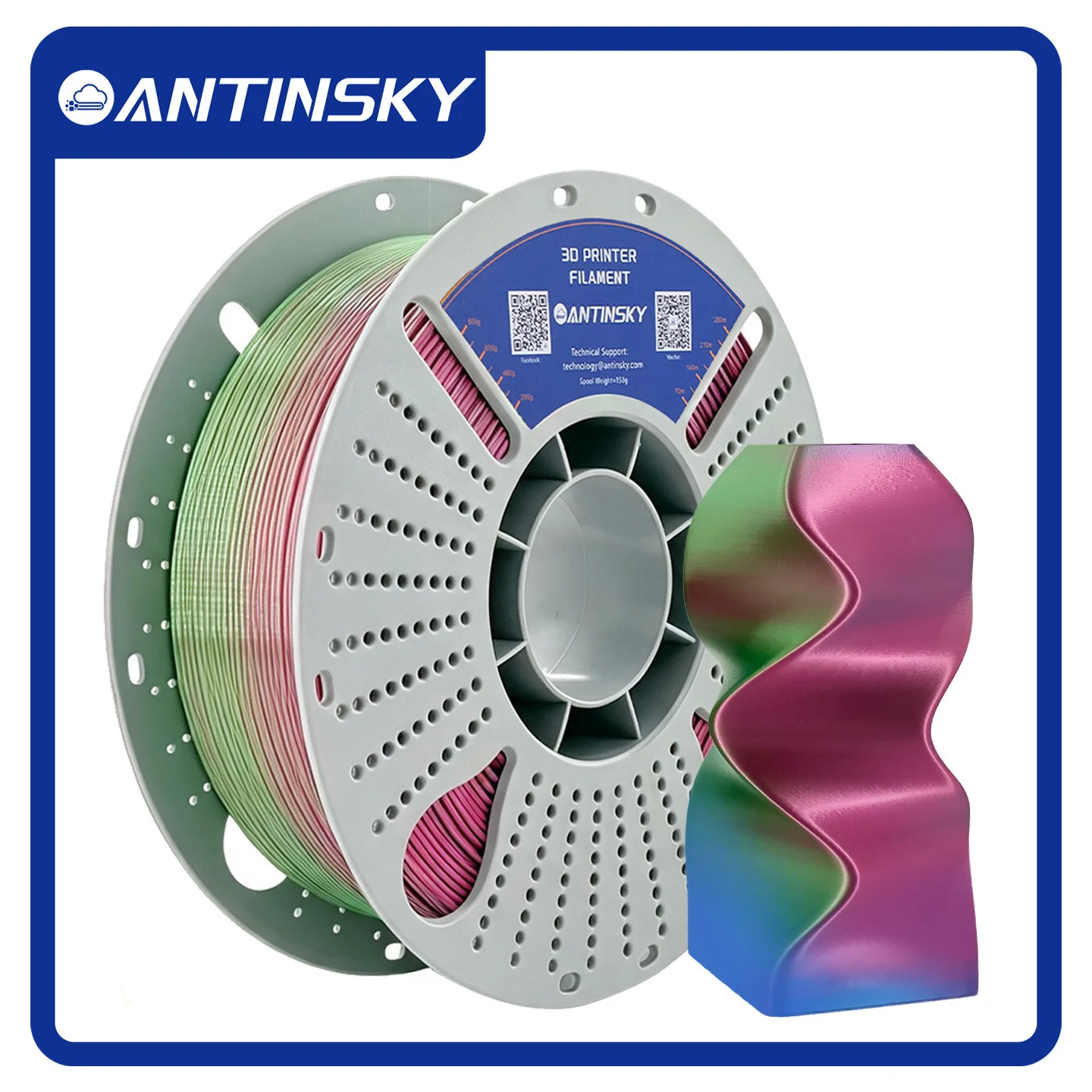 ANTINSKY PLA Silk Three Filament 1kg 1.75mm Silk Shiny Multicolor 3D Printer Filament, Smooth Surface for FDM 3D Printing