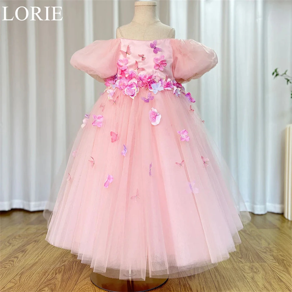 LORIE Pink Cute Tulle Flower Girl Dresses Floral Appliques Scoop Puff Sleeve A-Line Pleated 2024 Birthday Party Dress Customized