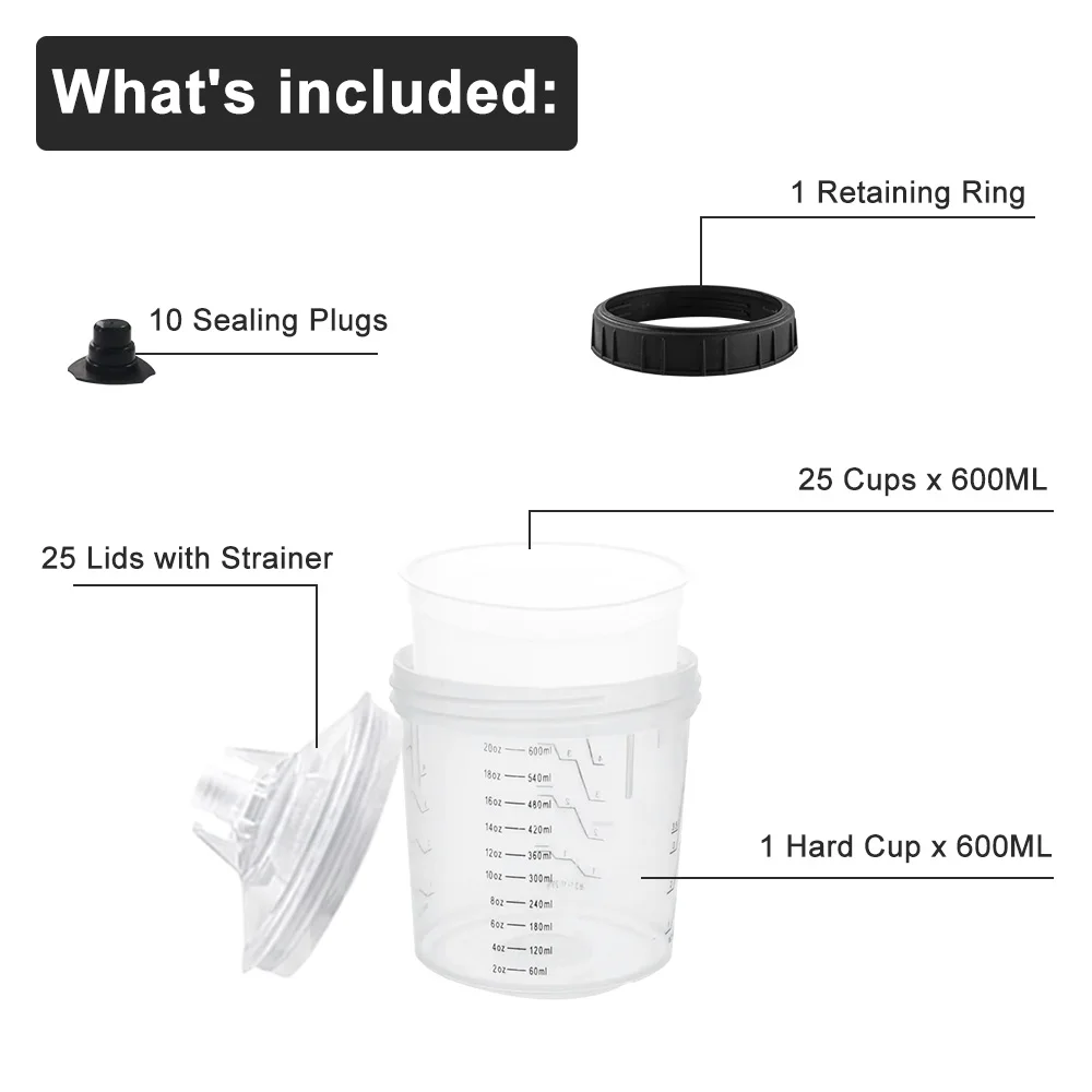 ถ้วยผสมสีแบบใช้แล้วทิ้งสำหรับปืนพ่นสีรถยนต์, ปืนพ่นสีระบบ HVLP ขนาด 20/27 ออนซ์ (600/800 มล.) ชุดพร้อม 15/25 ชิ้น