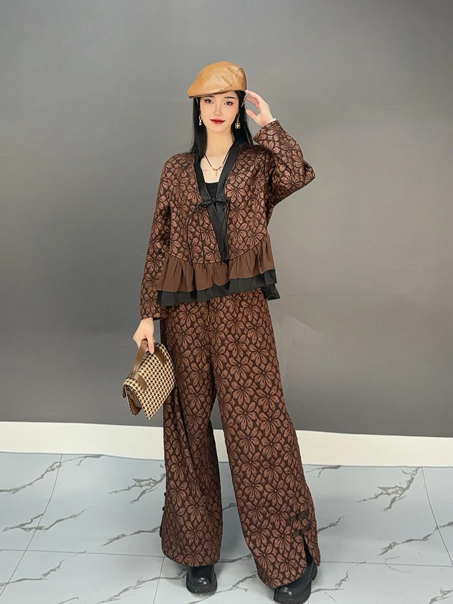 2024 Autumn New Fashion Loose Jacquard Shirt Top Casual Lantern Pants Elegant Two Piece Set Women\'s Wear J576