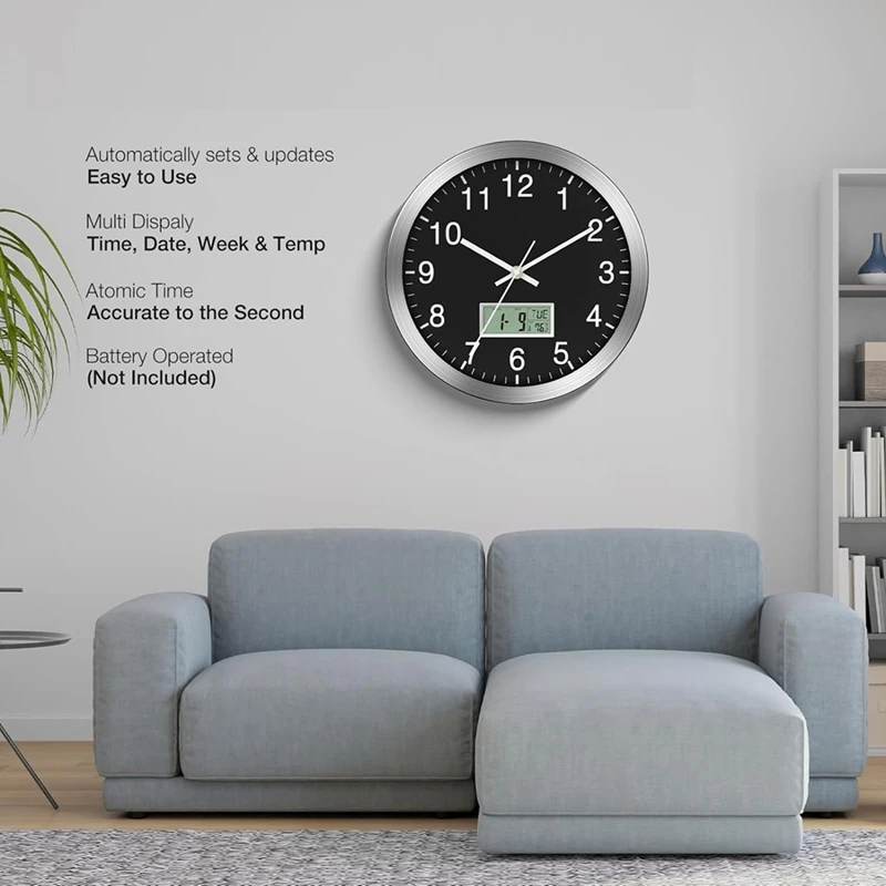 12Inch Wall Clock With Digital Date, Week & Indoor Temp - Battery Operated Wall Clock, Auto Sets,Easy To Read