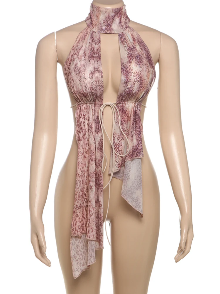 Weird Puss Leopard Print Backless Camisole Women Y2K Sexy Shirring Ruched Halter Sleeveless Elegant Party Summer Trend Slim Vest