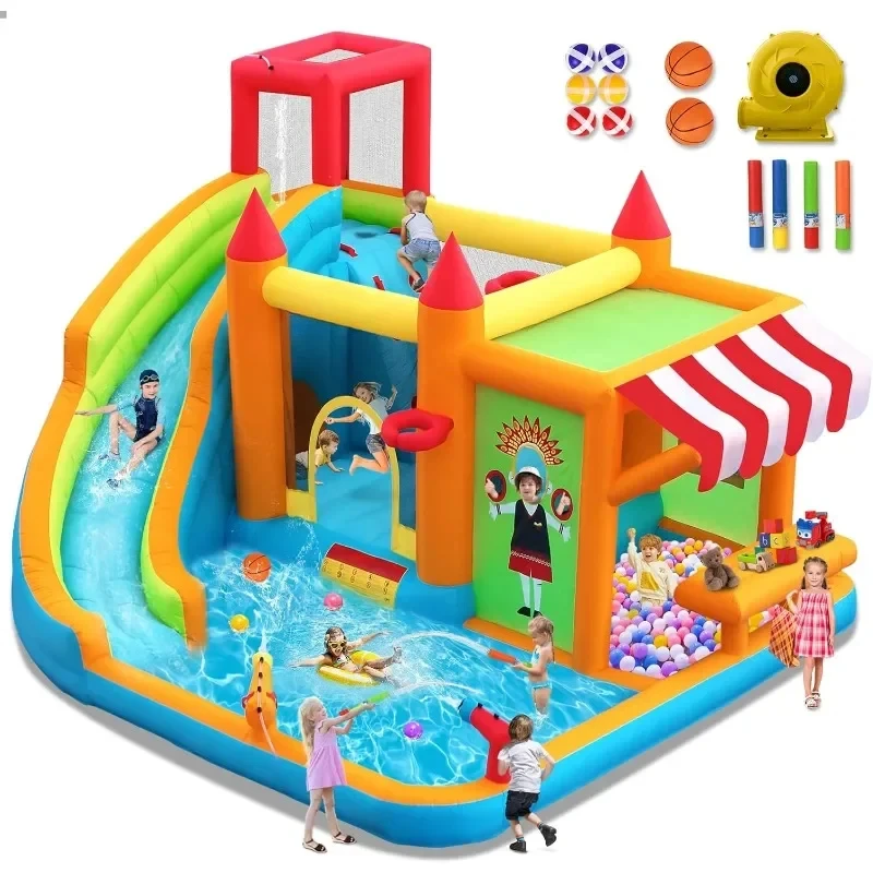 

Inflatable Bounce House Water Slide, Bounce Kids with Toy Market Stand Splash Pool Bouncer Climbing Wall Gun Ball Dart