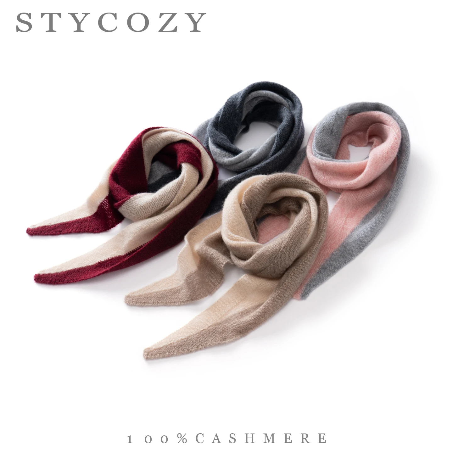 100%Cashmere Women Color Block Knit Scarf Lightweight Triangle Tip Narrow Neck Scarf Warm Vintage Autumn Winter Fashion Shawl