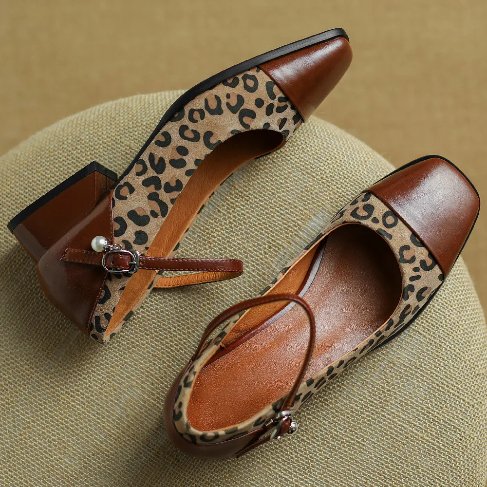 Women\'s genuine leather leopard fabric patchwork square toe metal belt slip-on mary jane flats leisure soft comfortable shoes