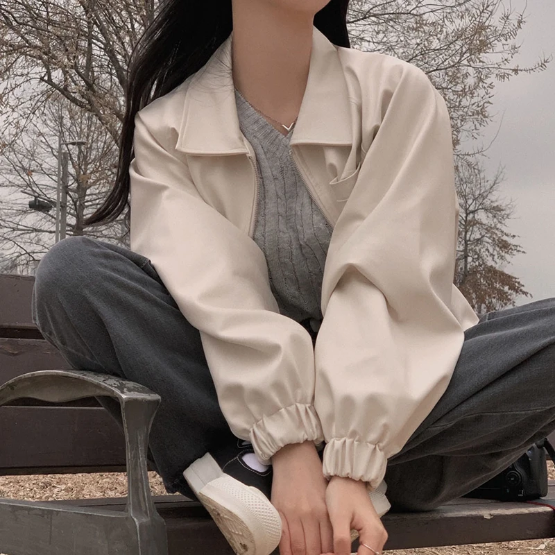 Chic Spring Casual Loose ort Svel PU Leather Jaet Women's Faionable Collared Long Sve ort Sle Outerwear