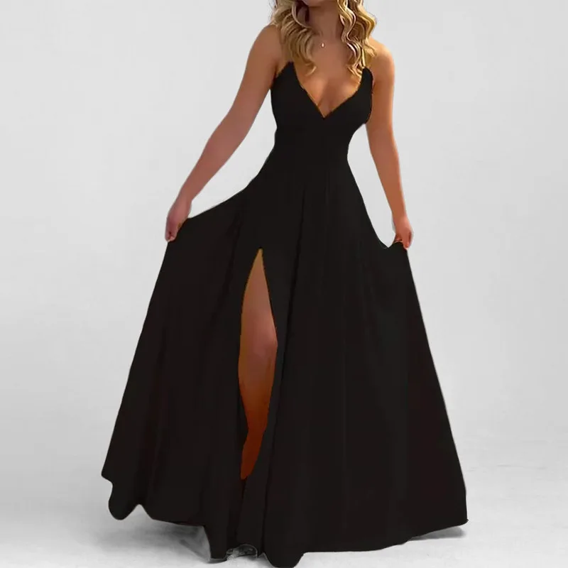 

Women's Sexy Dress For Spring Summer Slim Fit Solid Color Suspender V-neck Sleeveless High Waisted Pleated Jumpsuit Long Skirt