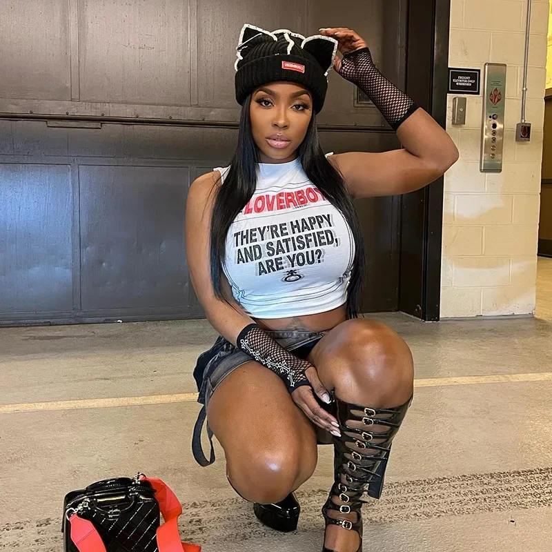 Hip-hop Rock Lady Letter Printed Bustiers Crop Tops Women Sleeveless Slim Tank Vest Punk Lady Dance Tanks Tops Streetwear Summer