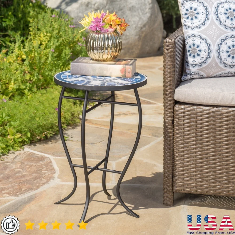 

Outdoor Ceramic Tile Side Table with Iron Frame Handcrafted Blue White Accent Table Patio Garden Contemporary Decor