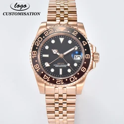 Custom Logo Men Mechanical Automatic Black Dial GMT Watches NH34 Movement Sapphire Glass Stainless Steel