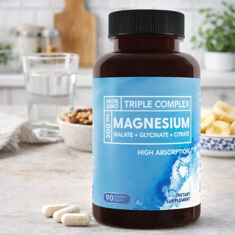 

Triple Magnesium Complex Capsule Contain 300mg Magnesium Glycinate Malate & Citrate Daily Health Supplements 90 Count Per Bottle