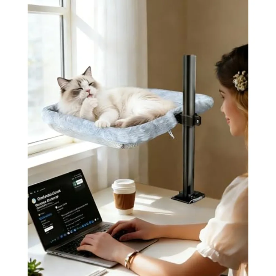 

Кошачья кровать-гамак на стол с креплением и поворотом на 360 градусов ° Вращающаяся подставка для кошек с регулируемой высотой для стола, прочная металлическая рама, двойная конструкция