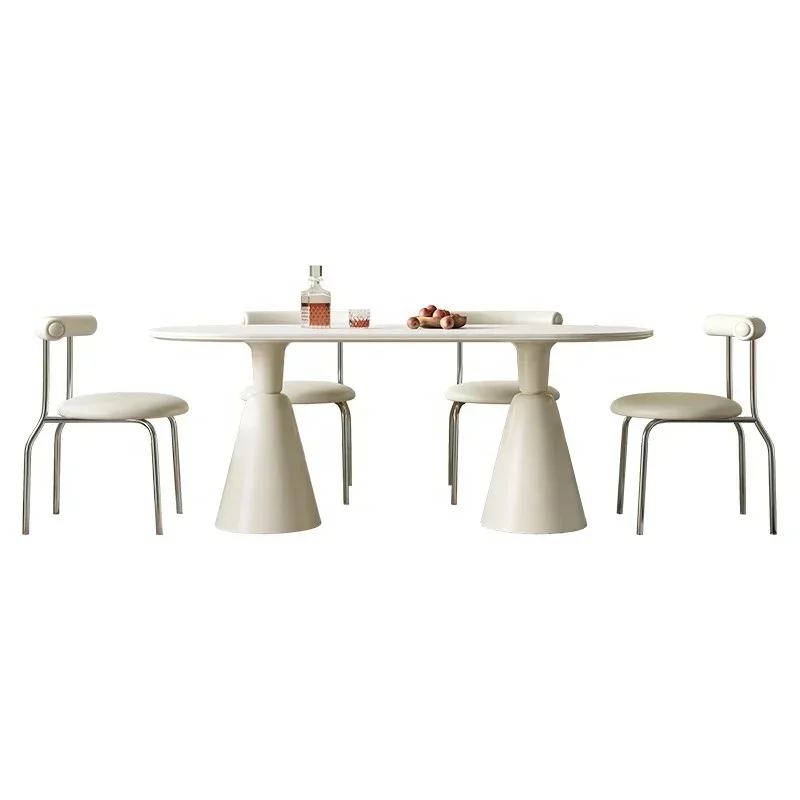 

#French Cream Wind Rock Plate Dining Table Rectangular Home Dining Table Holy Grail Table And Chair Combination