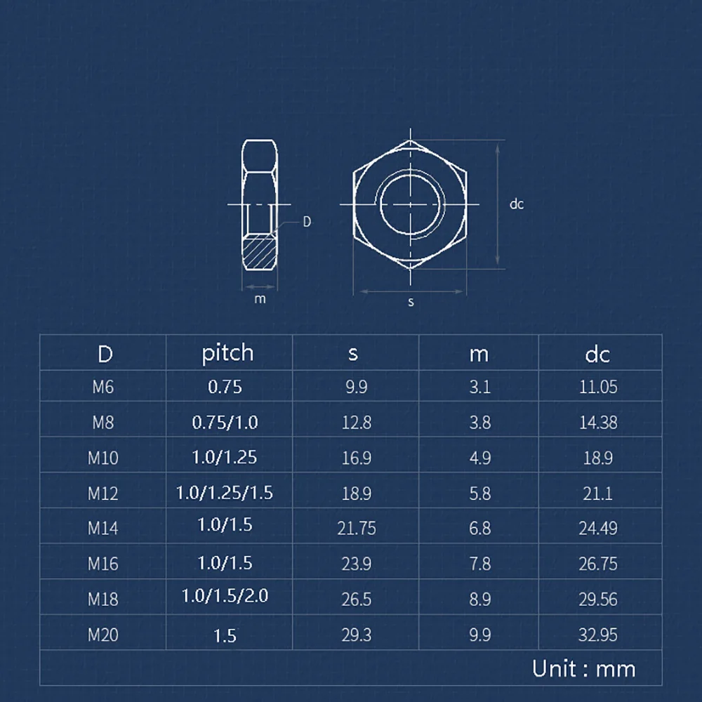 304 Stainless Steel Fine Thread Flat Hex Hexagon Thin Jam Nut M6 M8 M10 M10 M12 M14 M16 M18 M20 M22 M24 M27 M30 Half Lock Nuts