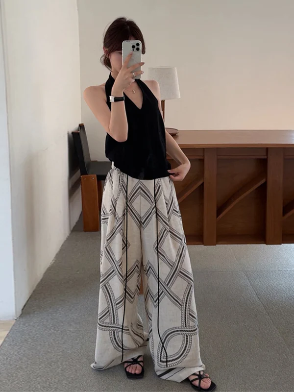 

Elegant Black V-Neck Hanging Neck Vest Set Women Summer Drape Loose Casual Pants Long Holiday Style Two-Piece Set