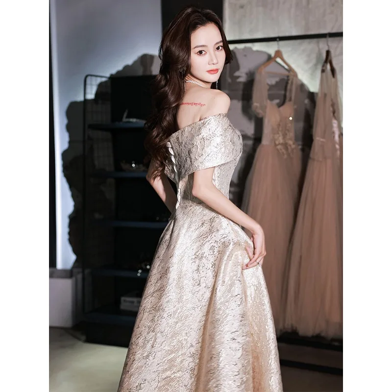2025 New Spring Women's One Shoulder Butterfly Knot Decoration Gold Evening Dress Fashion French Host Birthday Party Style Dress
