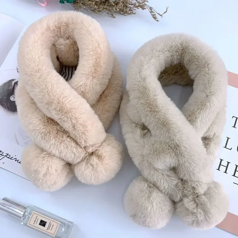 

Women Fashion Autumn and Winter Newest Warm Scarf Fur Rabbit Plush Thick Scarf Solid Color Fur Ball Cross Clothes Accessories