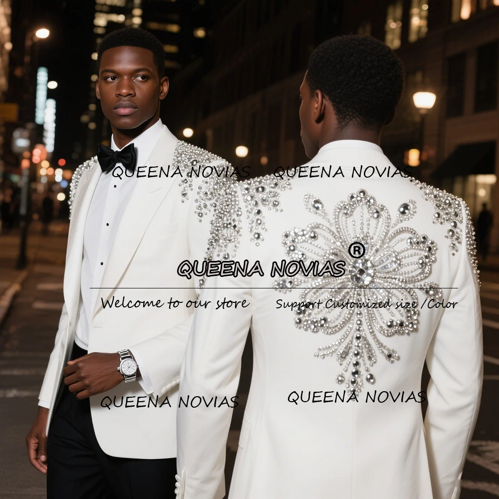 

Glittering Beaded Stones Flowers Suits Men 2 Pieces Sets Single Breasted Prom Blazer Customized Wedding Tuxedos Groom Clothing