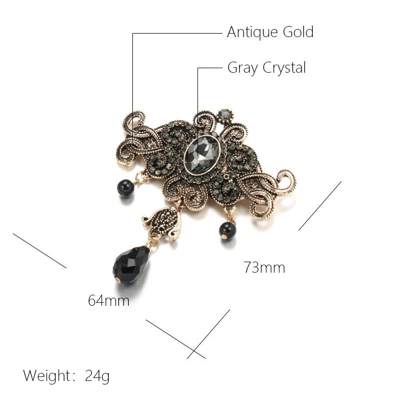 Wbmqda Turkish Vintage Gray Crystal Flower Brooch For Women Black Teardrop Pendant Antique Gold Luxury Fashion Jewely 2023 New